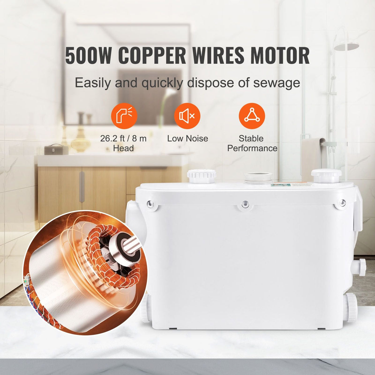 Macerator Pump, 500W, 29 GPM Flow, 26 ft/8 m Head, Macerator Wall-Hung Toilet Pump with 4 Water Inlets, Waste Water Disposal Upflush Machine for Toilet, Basement, Shower, Sink, Laundry, Bathtub