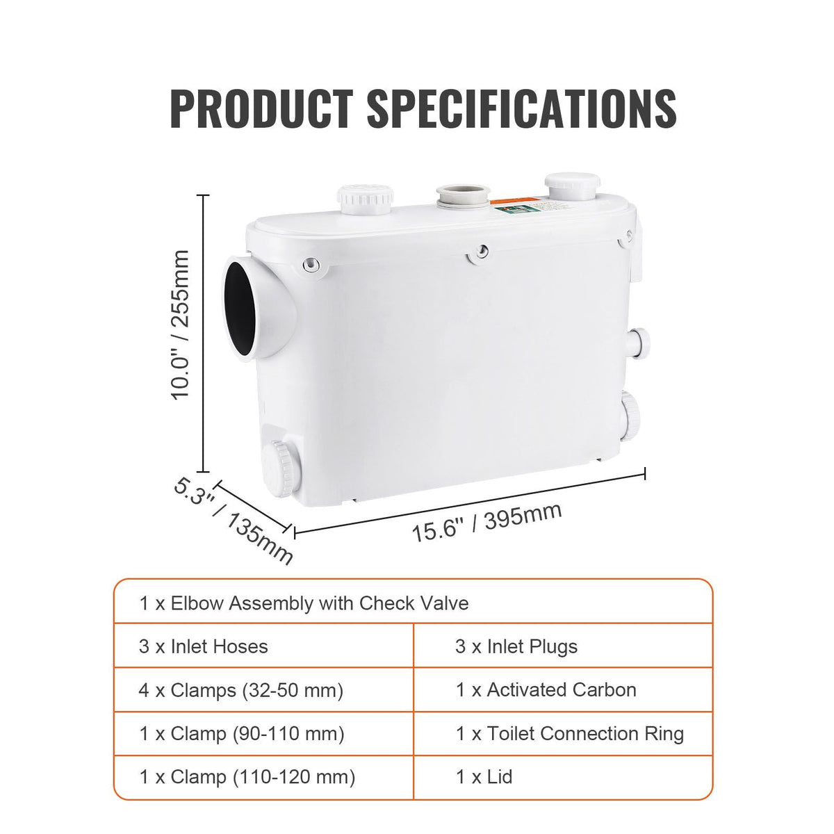 Macerator Pump, 500W, 29 GPM Flow, 26 ft/8 m Head, Macerator Wall-Hung Toilet Pump with 4 Water Inlets, Waste Water Disposal Upflush Machine for Toilet, Basement, Shower, Sink, Laundry, Bathtub