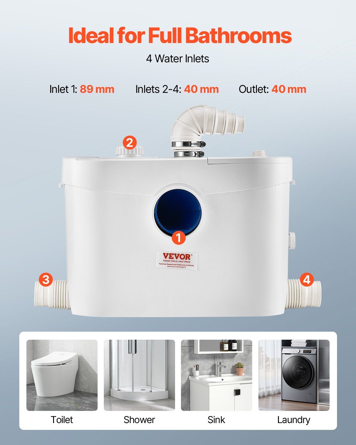 Macerator Pump, 900W, 48 GPM Flow, 40 ft/12 m Head, Macerator Sewerage Toilet Pump with 4 Water Inlets, Waste Water Disposal Upflush Machine for Toilet, Basement, Shower, Sink, Laundry, Bathtub