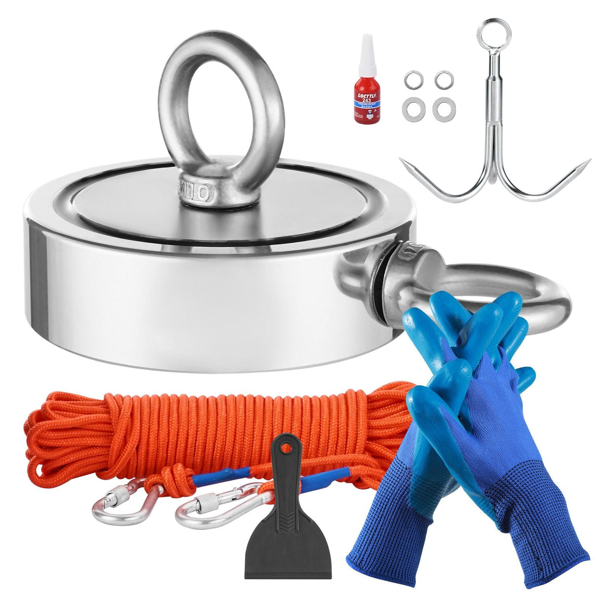Magnet Fishing Kit, 1700 LBS/771 Kg Double-Sided Pulling Force Strong Magnet Fishing Kit, Rare Earth Neodymium Magnetic Fishing Kit Includes Grappling Hook, Heavy Duty Rope, Gloves and Eyebolt