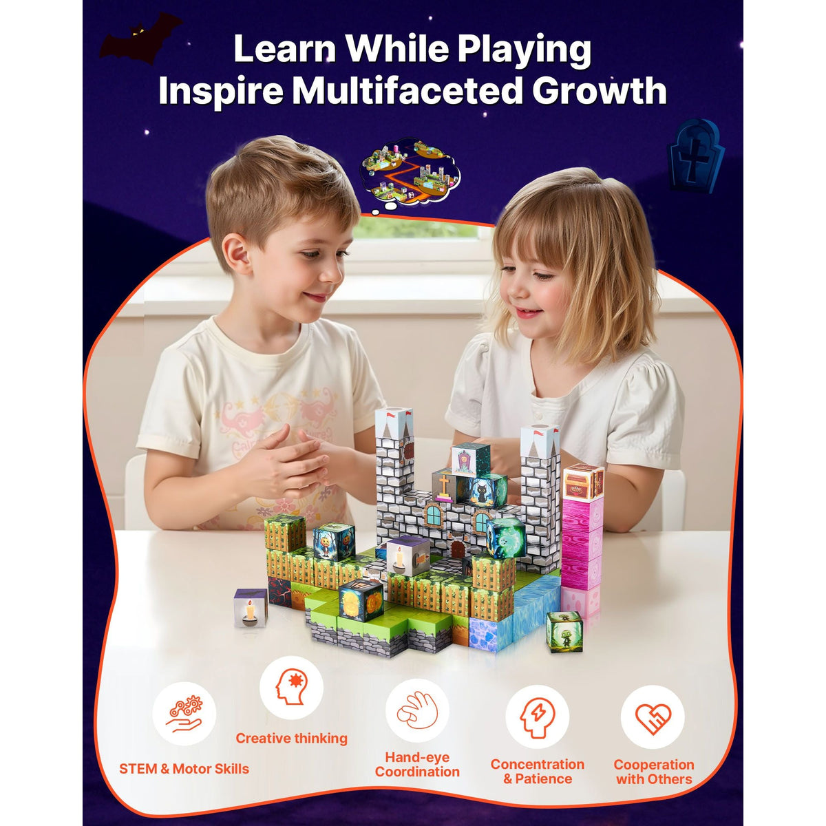 Magnetic Blocks, 100 PCS Cemetery Zombies Set, Magnetic Building Cubes for Kids, STEM Montessori Sensory Toys for Christmas Birthday Gift, Construction Stacking Toy for 3+ Years Old Boys & Girls