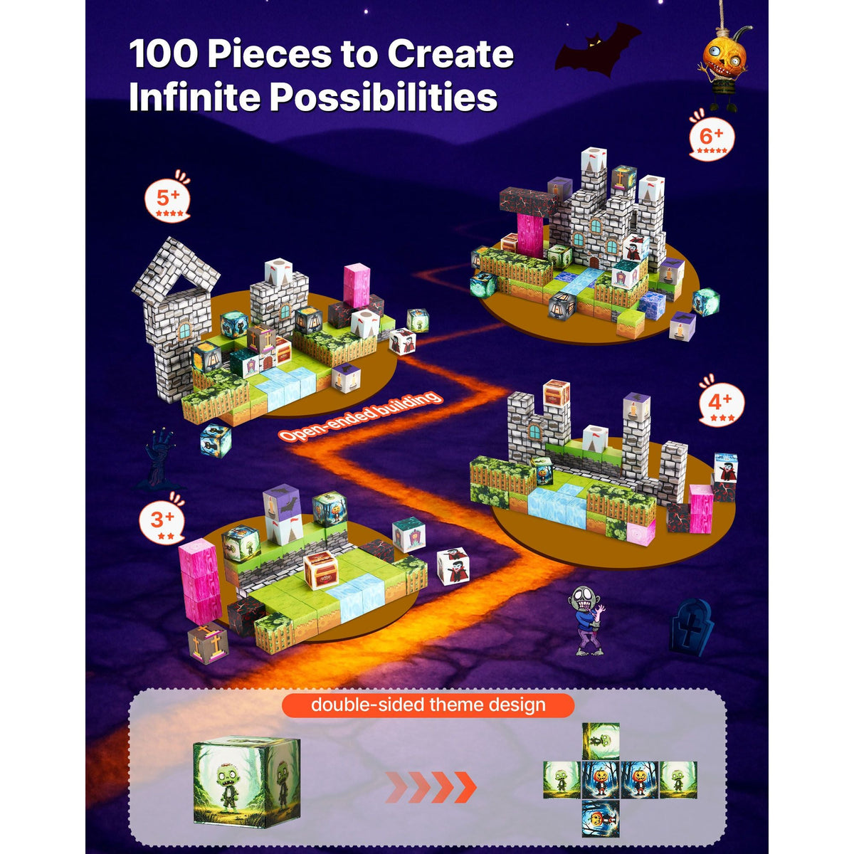 Magnetic Blocks, 100 PCS Cemetery Zombies Set, Magnetic Building Cubes for Kids, STEM Montessori Sensory Toys for Christmas Birthday Gift, Construction Stacking Toy for 3+ Years Old Boys & Girls
