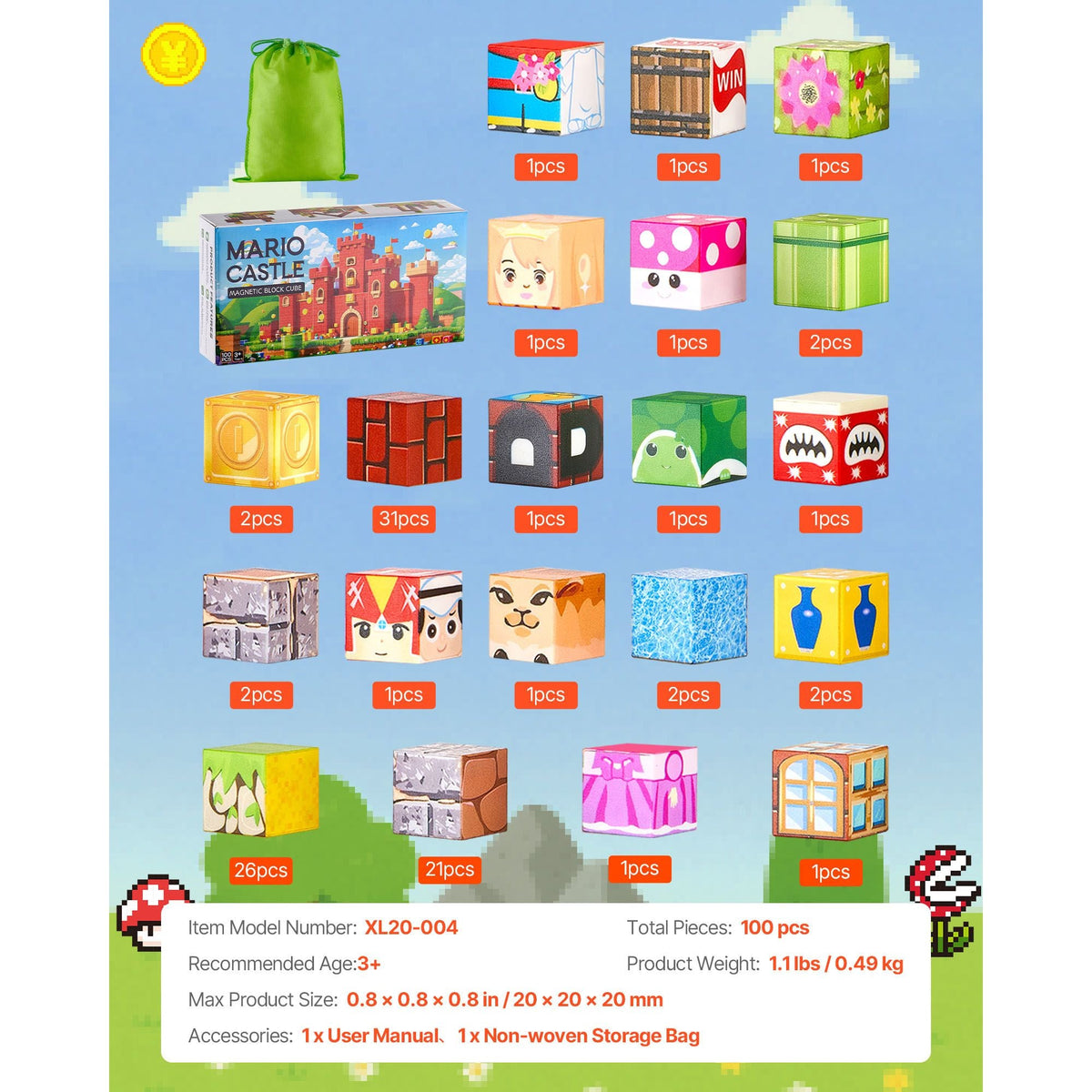Magnetic Blocks, 100 PCS Magnet Blocks Set, Magnetic Building Cubes for Kids, STEM Montessori Sensory Toys for Christmas Birthday Gift, Construction Stacking Toy for 3+ Years Old Boys & Girls