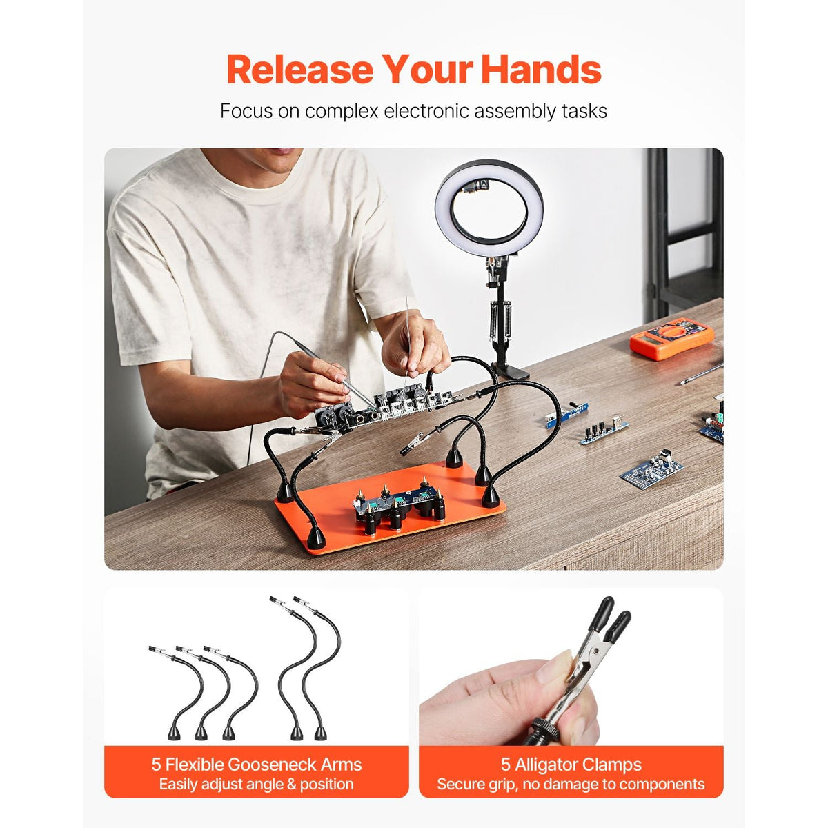 Magnetic Helping Hands Soldering Station, 2-In-1 Third Hand Soldering Tool - 3X LED Magnifying Lamp & 5 Flexible Arms, 6 PCB Holders, Heavy-Duty Base Station for Electronic Repair Craft Hobby