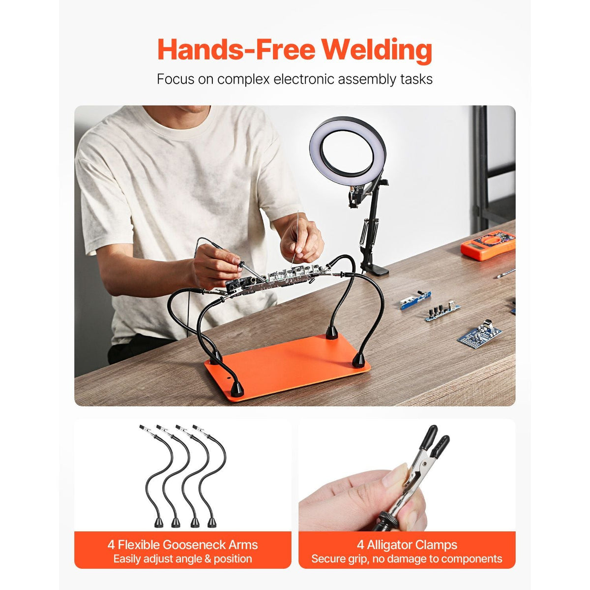 Magnetic Helping Hands Soldering Station, 4 Flexible Arms Third Hand Tool with 3X LED Magnifying Lamp & Non-Slip Heavy-Duty Base, Soldering Helping Hands for Electronic Repair Craft Hobby DIY
