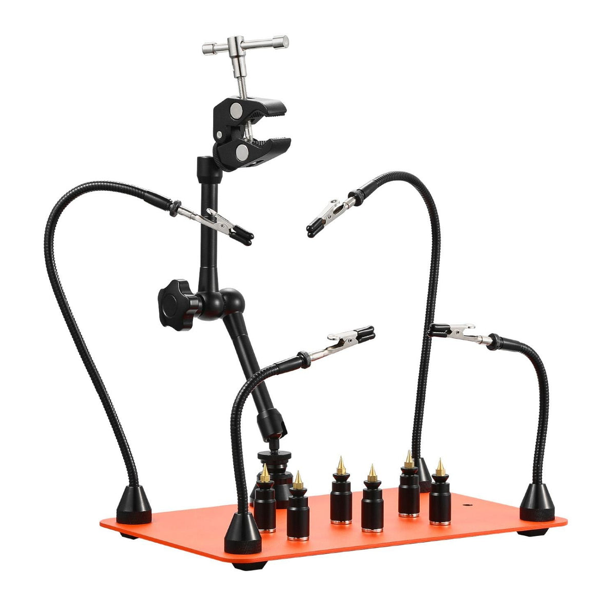 Magnetic Helping Hands Soldering Station, 4 Flexible Arms Third Hand Tool, with 6 PCB Pillar Holders & 360 Hot Air Gun Holder, Heavy-Duty Base Soldering Helper for Electronic Repair Craft