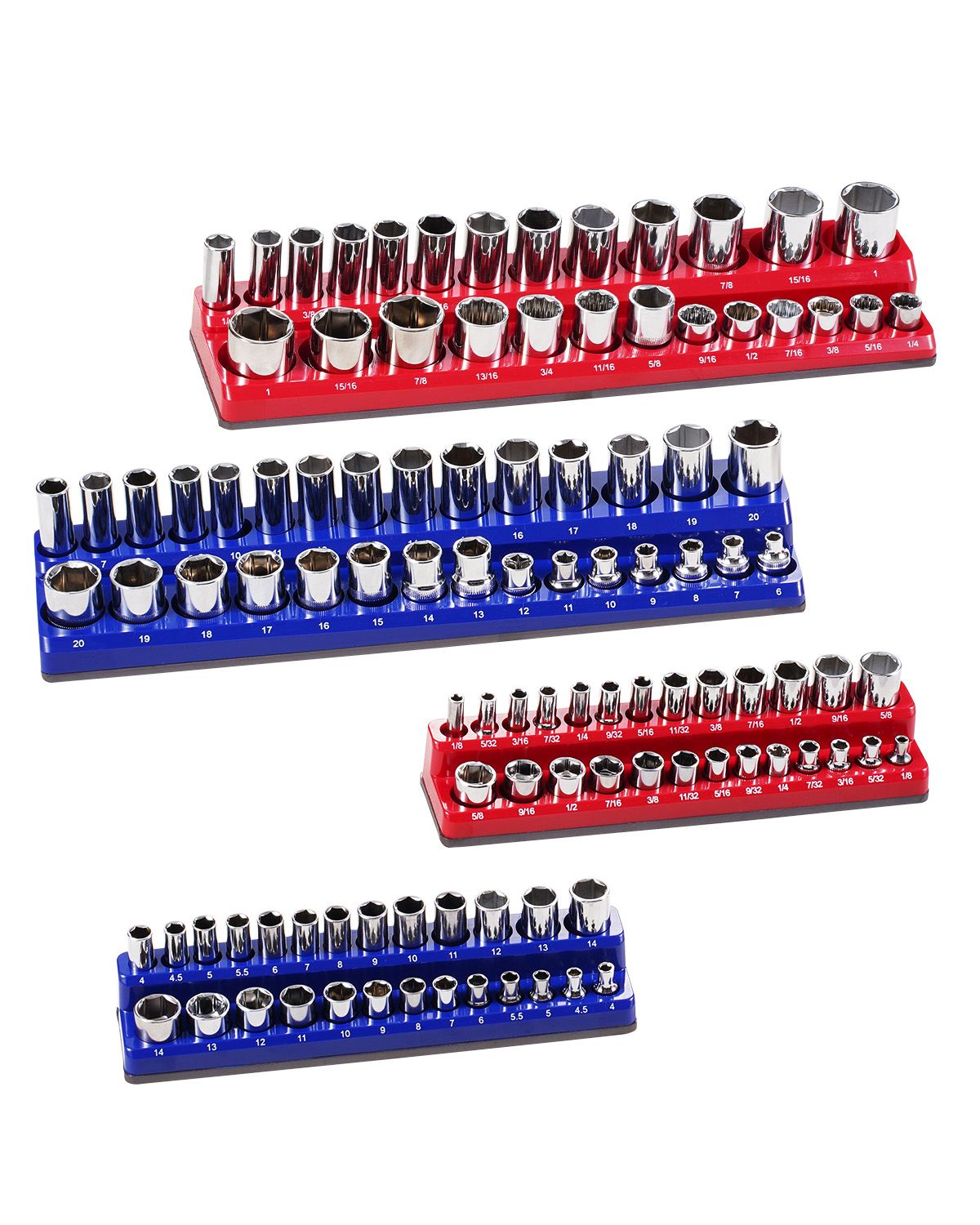 Magnetic Socket Organizer Set, 4PCS Magnetic Socket Holder, 1/4'' & 3/8'' Metric SAE Socket Trays with Clear Labels, Hold up to 108PCS Standard & Deep Sockets, Blue & Red (Sockets Not Included)