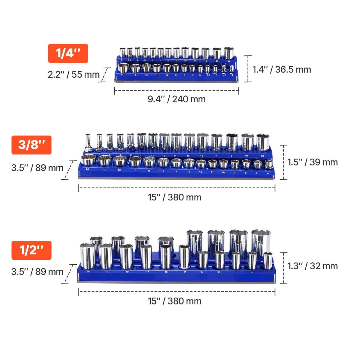 Magnetic Socket Organizer Set, 8PCS Socket Holder, 1/4'', 3/8'' & 1/2'' Metric SAE Socket Trays with Clear Labels, Hold up to 199PCS Standard & Deep Sockets, Blaue & Red (Sockets Not Included)