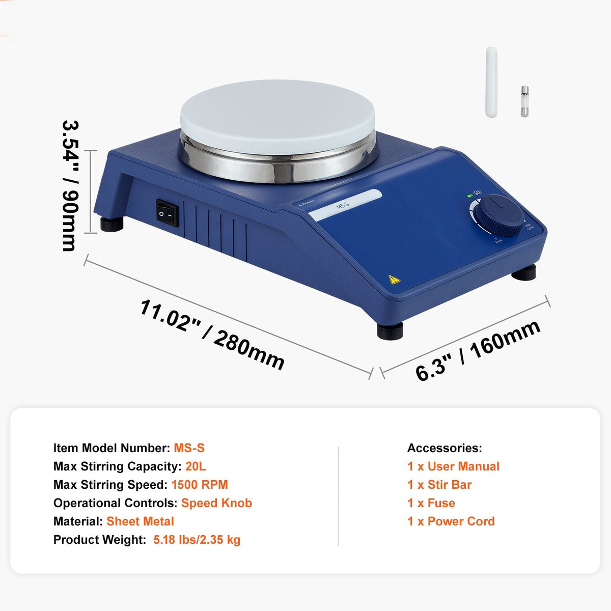 Magnetic Stirrer, 0-1500 RPM Stir Plate with Adjustable Speed Knob, 20L Plate Stirrer Kit, Stir Bar Included