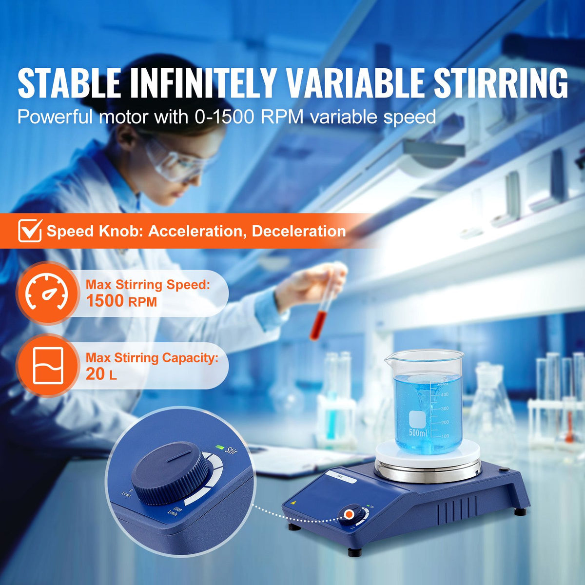 Magnetic Stirrer, 0-1500 RPM Stir Plate with Adjustable Speed Knob, 20L Plate Stirrer Kit, Stir Bar Included
