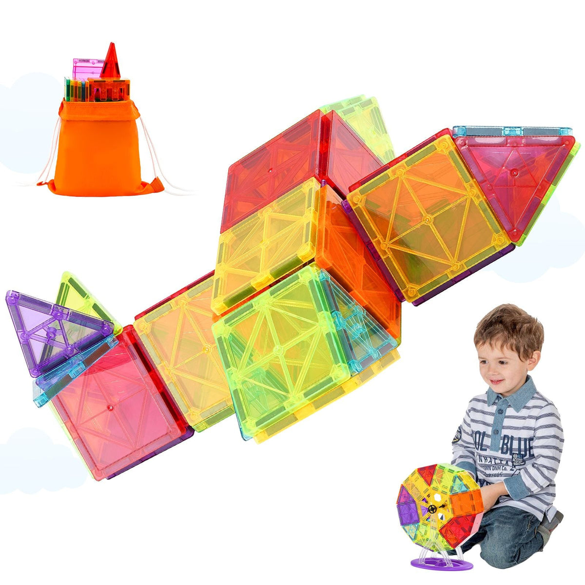 Magnetic Tiles, 121 PCS Magnetic Building Blocks for Kids, Magnet Building Set with 2 Car Bases & 26 Digital Cards, STEM Educational Construction Stacking Toys for Toddlers Boys Girls Aged 5+