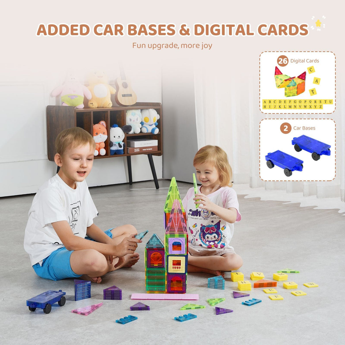 Magnetic Tiles, 121 PCS Magnetic Building Blocks for Kids, Magnet Building Set with 2 Car Bases & 26 Digital Cards, STEM Educational Construction Stacking Toys for Toddlers Boys Girls Aged 5+