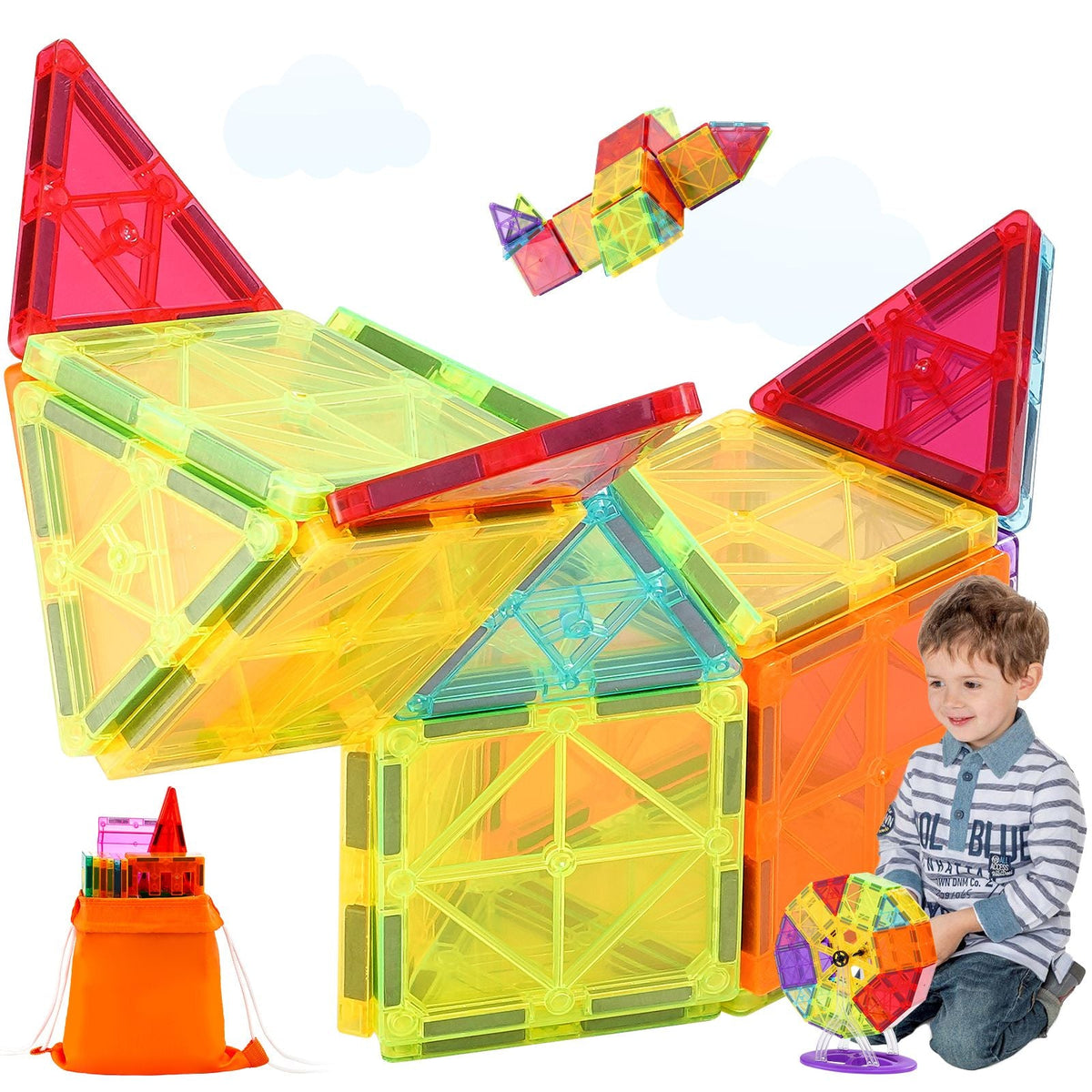 Magnetic Tiles, 180 PCS Magnetic Building Blocks for Kids, Magnet Building Set with 2 Car Bases & Ferris Wheel Stand, STEM Educational Construction Stacking Toys for Toddlers Boys Girls Aged 5+