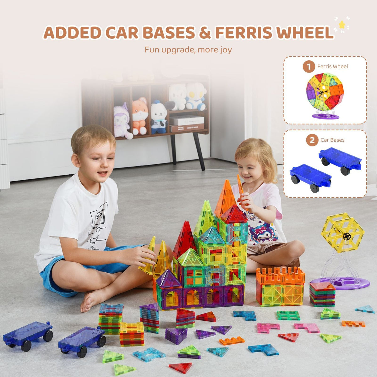 Magnetic Tiles, 180 PCS Magnetic Building Blocks for Kids, Magnet Building Set with 2 Car Bases & Ferris Wheel Stand, STEM Educational Construction Stacking Toys for Toddlers Boys Girls Aged 5+