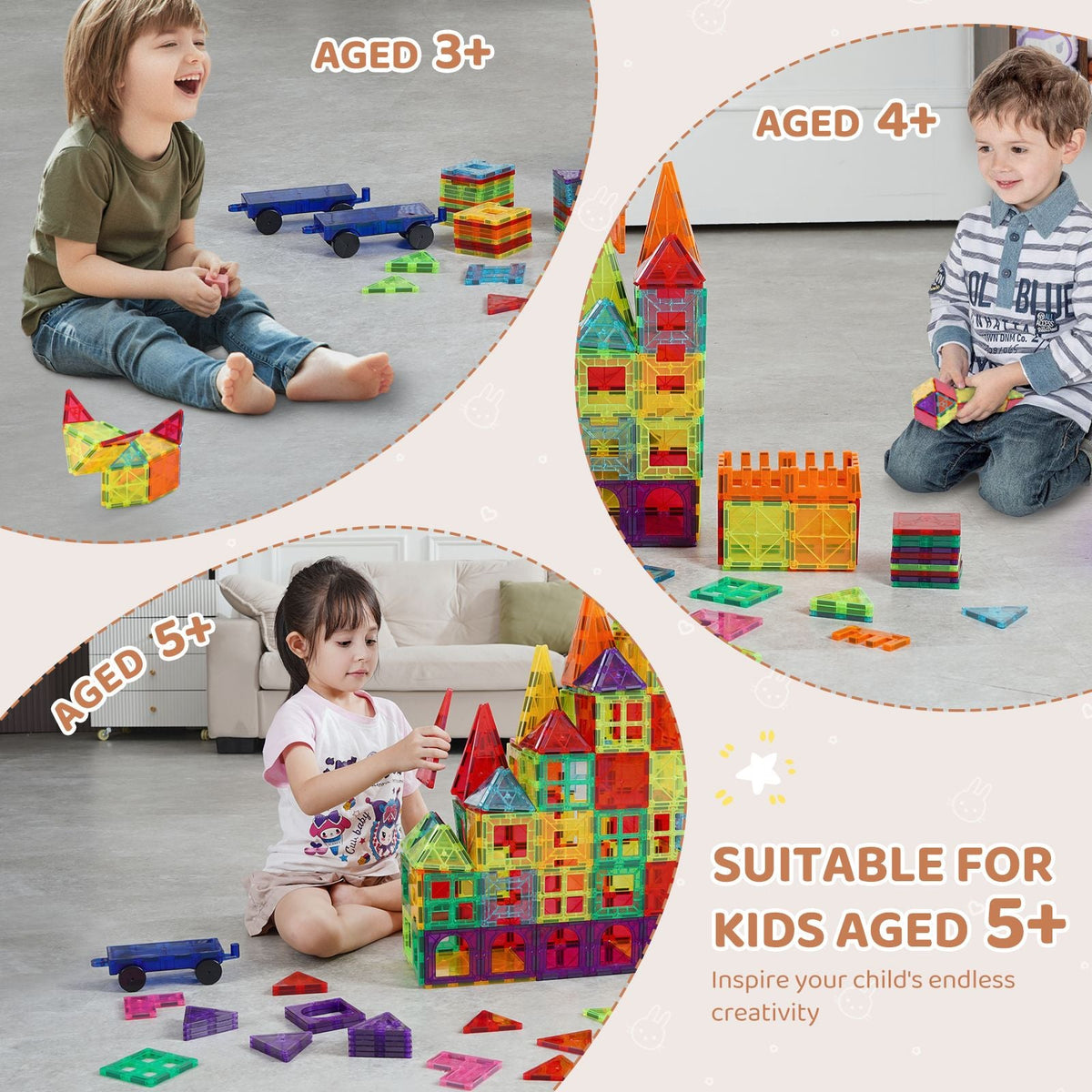 Magnetic Tiles, 180 PCS Magnetic Building Blocks for Kids, Magnet Building Set with 2 Car Bases & Ferris Wheel Stand, STEM Educational Construction Stacking Toys for Toddlers Boys Girls Aged 5+