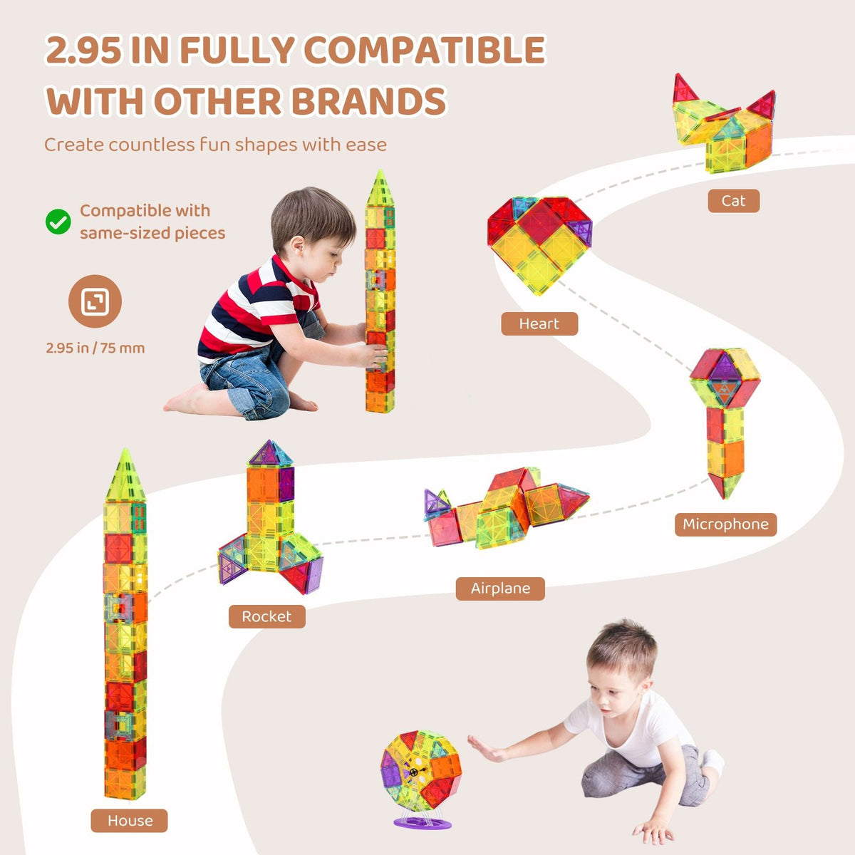 Magnetic Tiles, 180 PCS Magnetic Building Blocks for Kids, Magnet Building Set with 2 Car Bases & Ferris Wheel Stand, STEM Educational Construction Stacking Toys for Toddlers Boys Girls Aged 5+