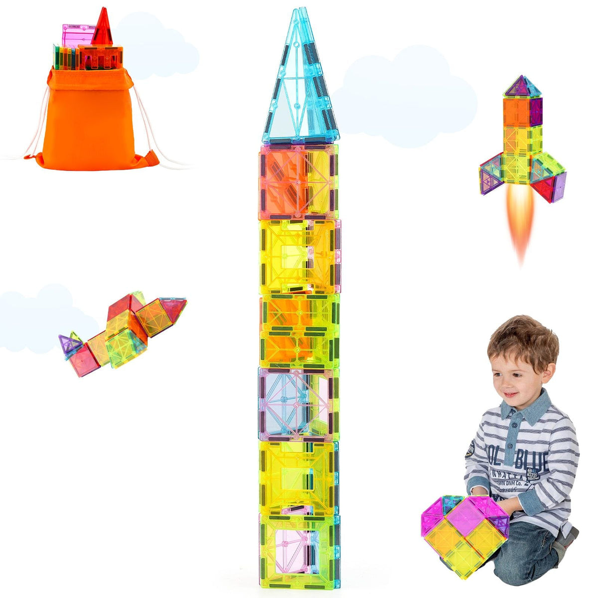 Magnetic Tiles, 32 PCS Magnetic Building Blocks for Kids, Magnet Building Set with Storage Bag, STEM Sensory Educational Construction Stacking Toys Gift for Toddlers Boys and Girls 3+ Year Old