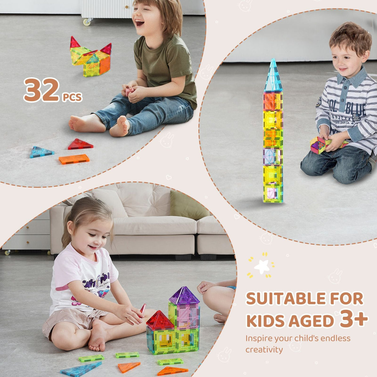 Magnetic Tiles, 32 PCS Magnetic Building Blocks for Kids, Magnet Building Set with Storage Bag, STEM Sensory Educational Construction Stacking Toys Gift for Toddlers Boys and Girls 3+ Year Old
