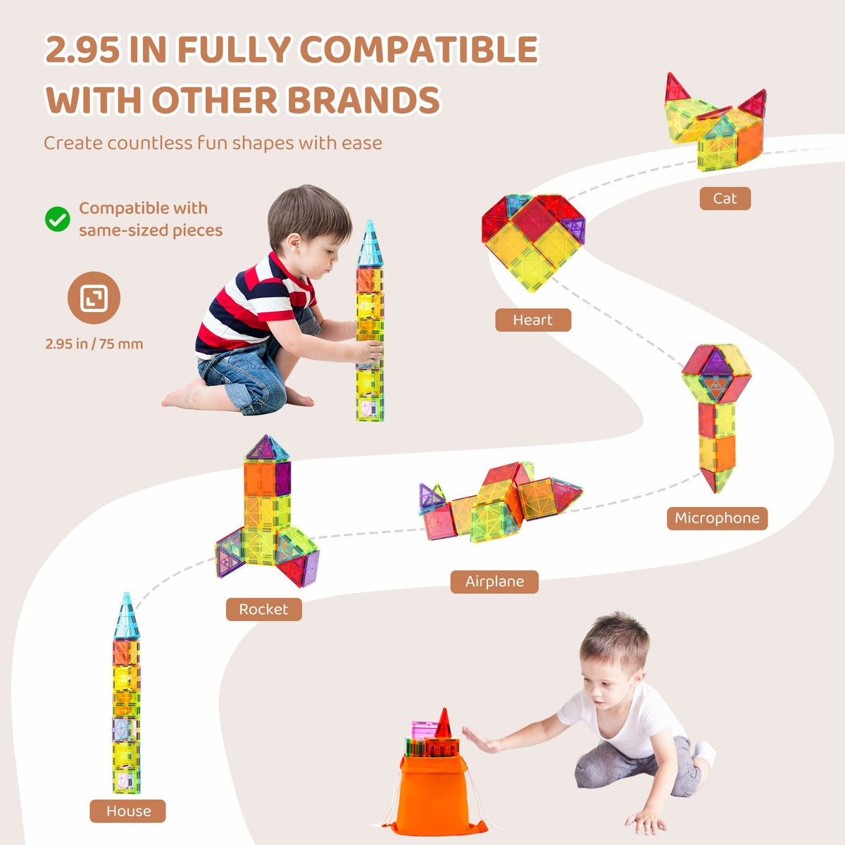 Magnetic Tiles, 32 PCS Magnetic Building Blocks for Kids, Magnet Building Set with Storage Bag, STEM Sensory Educational Construction Stacking Toys Gift for Toddlers Boys and Girls 3+ Year Old
