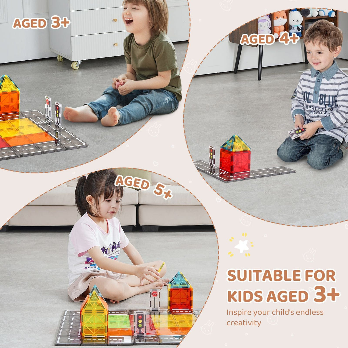 Magnetic Tiles, 56 PCS Magnetic Road Building Blocks for Kids, Magnet Building Set with Storage Bag, STEM Sensory Educational City Construction Stacking Toys Gift for Toddlers Boys Girls Aged 3+