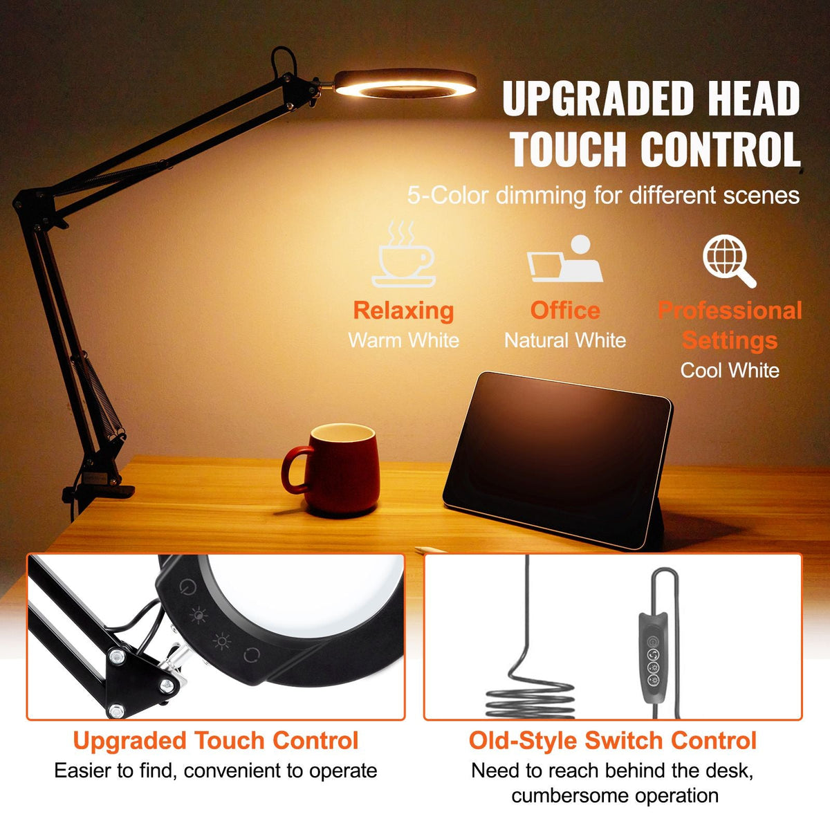 Magnifying Glass with Light and Stand, 5X Magnifying Lamp, 4.3" Glass Lens, Base and Clamp 2-in-1 Desk Magnifier with Light, 64 LED Lights 5 Color Modes, for Close Work Reading Repair Crafts