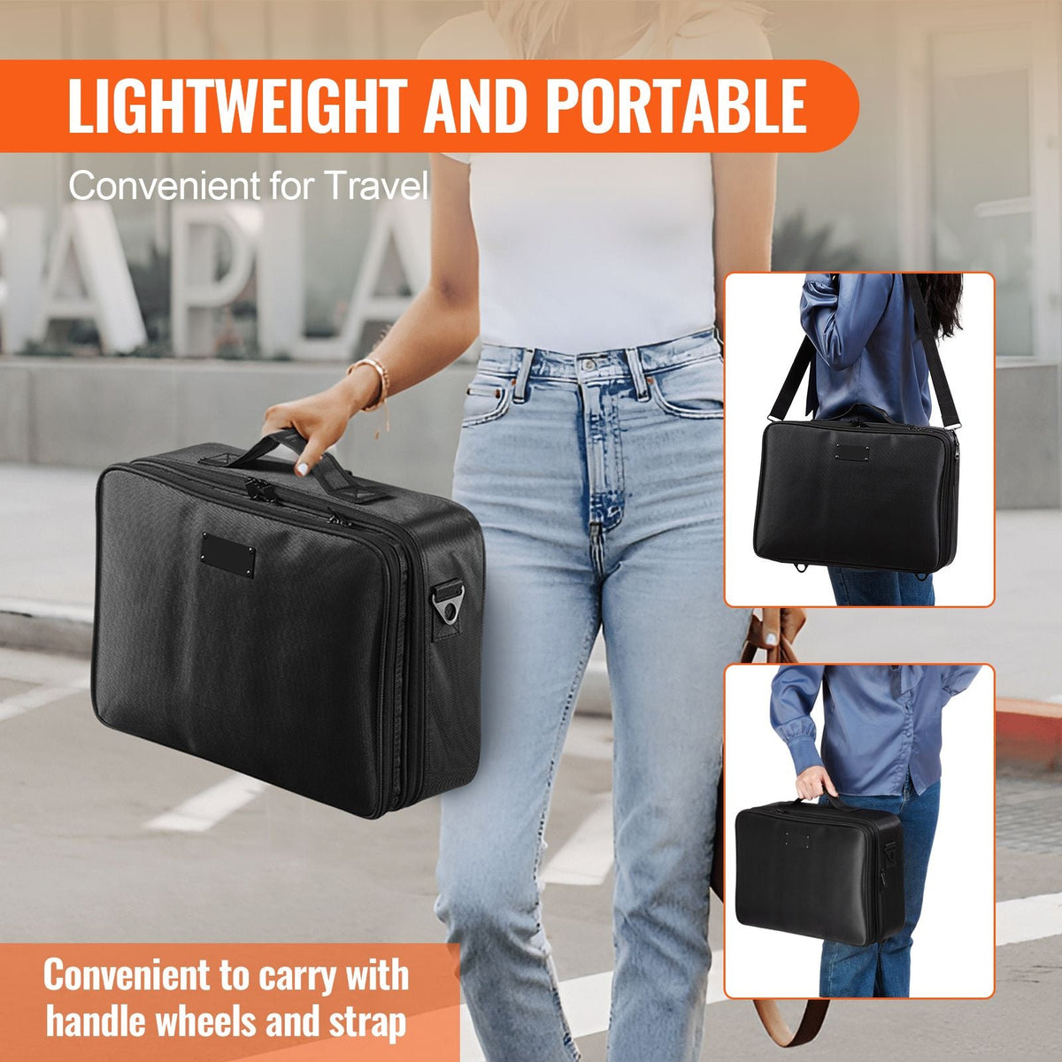 Makeup Train Case Large Storage 3 Tiers, Convenient Carry With Handle, Strap, Professional Waterproof Oxford Makeup Storage Organizer Box, Heavy Duty Make Up Carrier, Black