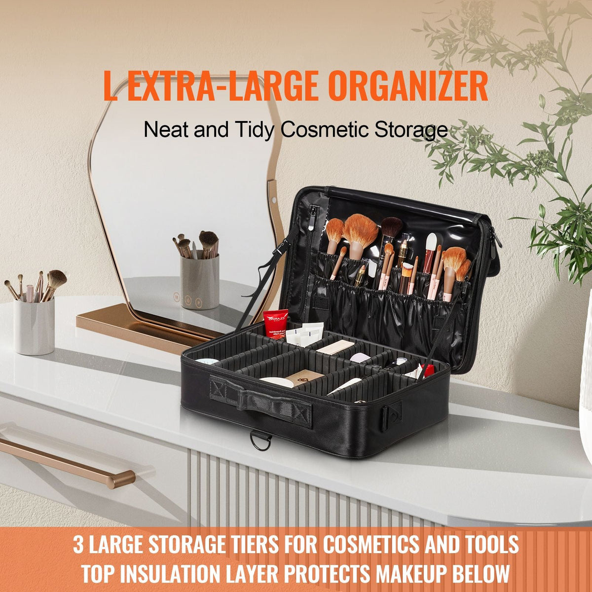 Makeup Train Case Large Storage 3 Tiers, Convenient Carry With Handle, Strap, Professional Waterproof Oxford Makeup Storage Organizer Box, Heavy Duty Make Up Carrier, Black