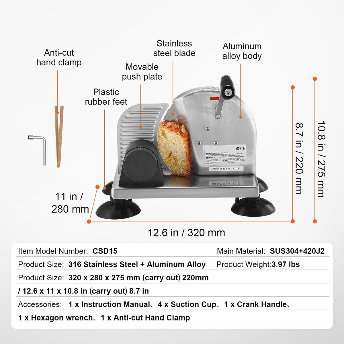 Manual Bread Slicer, 0-6" Adjustable Thickness Cheeser Butter Cutting, Micro-Serrated Stainless Steel Blade, Aluminum Alloy Commercial Cheese Slicer for Kitchen, Restaurant, Bakery, Party