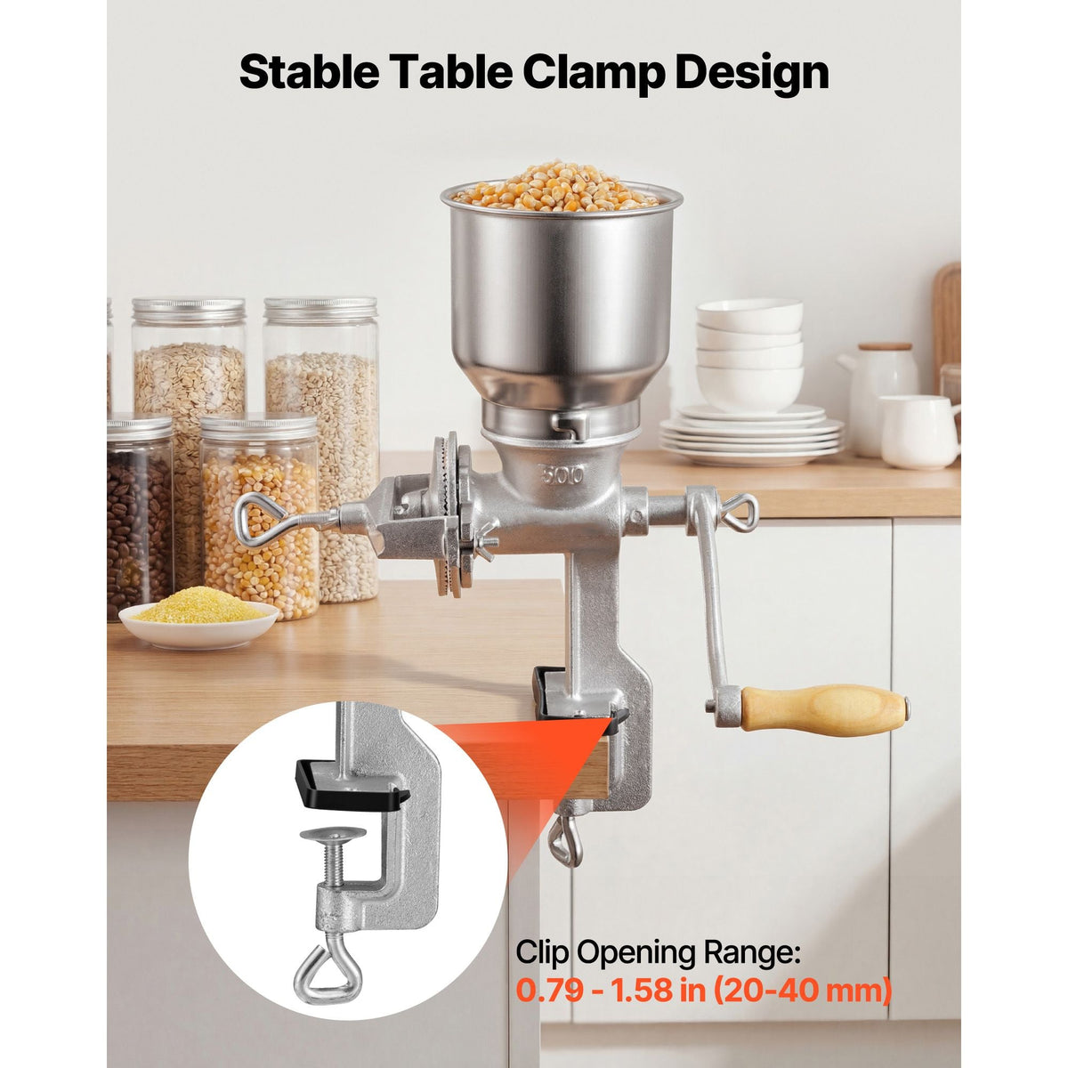 Manual Grain Mill with High Hopper, Hand-Crank Corn Grinder, Heavy Duty Cast Iron Wheat Grinding Mill with Stable Table Clamp for Grains Spices Coffee Beans Nuts