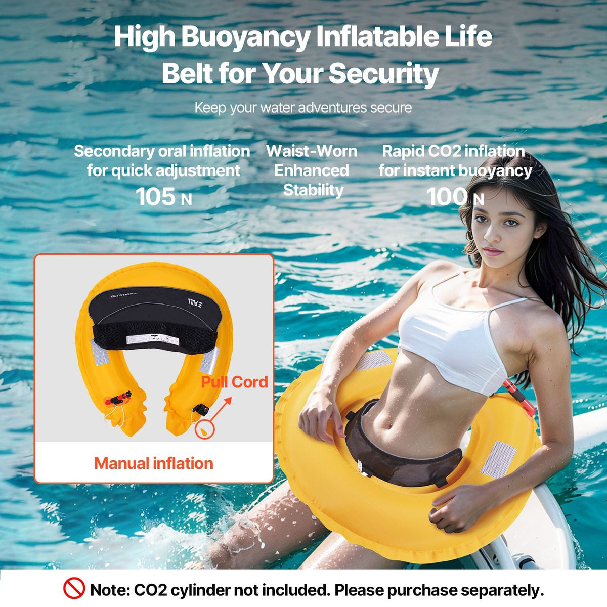 Manual Inflatable Belt Pack for Adults, 105N Buoyancy, Over 80 Pounds and Up to 59 in Waist Adjustable, Inflatable PFD Waist for SUP Paddelboarding, Kayaking, Black (CO2 Cylinder Not Included)