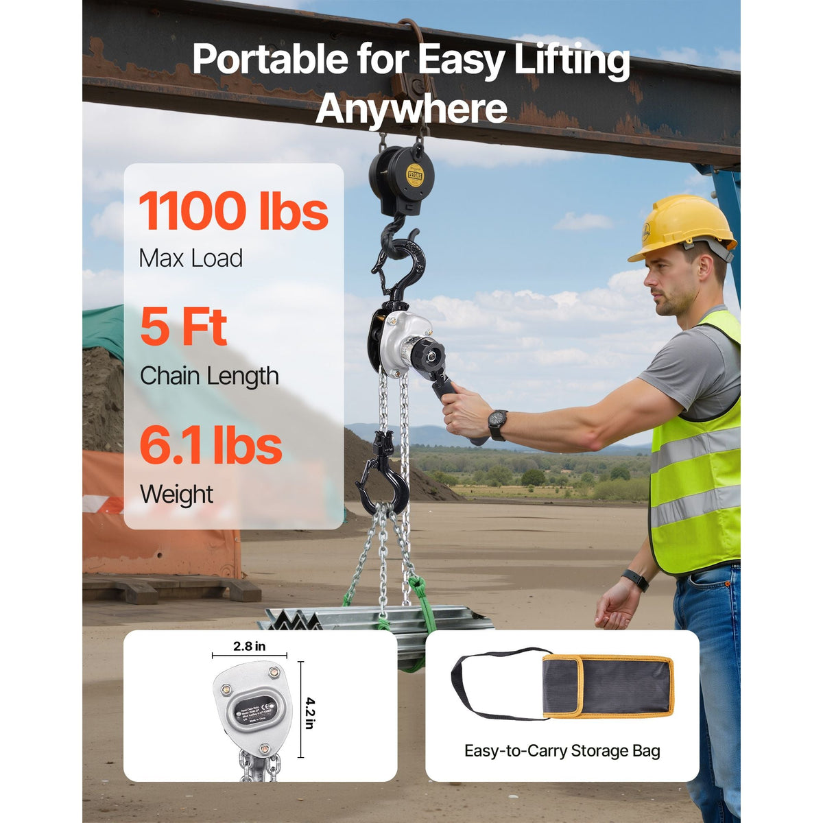 Manual Lever Chain Hoist, 1/2T 1100LBS Capacity Heavy Duty Come Along, 5FT Lift G80 Alloy Steel Chain With Dual Pawl Mechanical Brake,360°Rotating Hooks, for Warehouse Construction Garage
