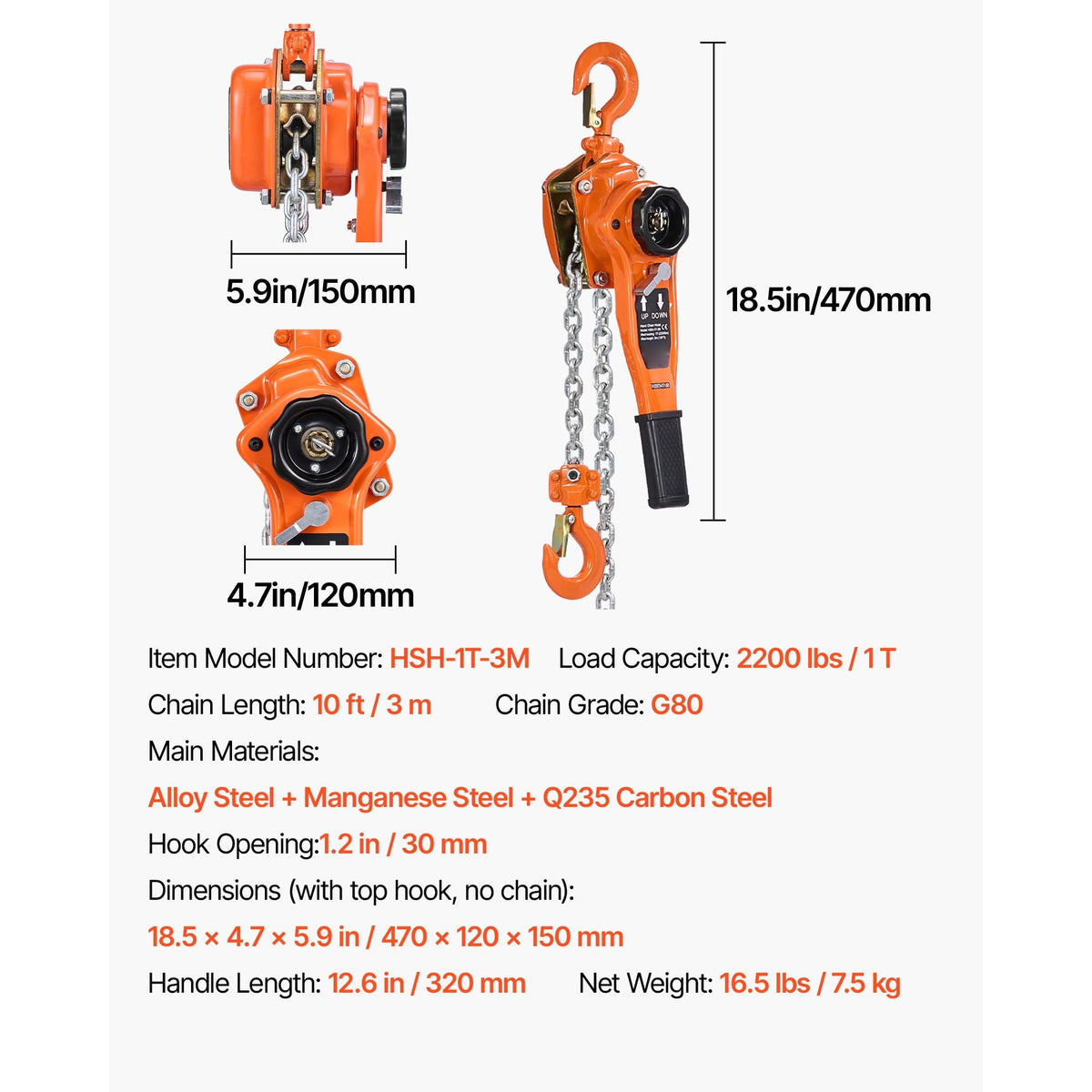 Manual Lever Chain Hoist, 1T 2200LBS Capacity Heavy Duty Come Along, 10FT Lift G80 Alloy Steel Chain With Dual Pawl Mechanical Brake,360°Rotating Hooks, for Warehouse Construction Garage