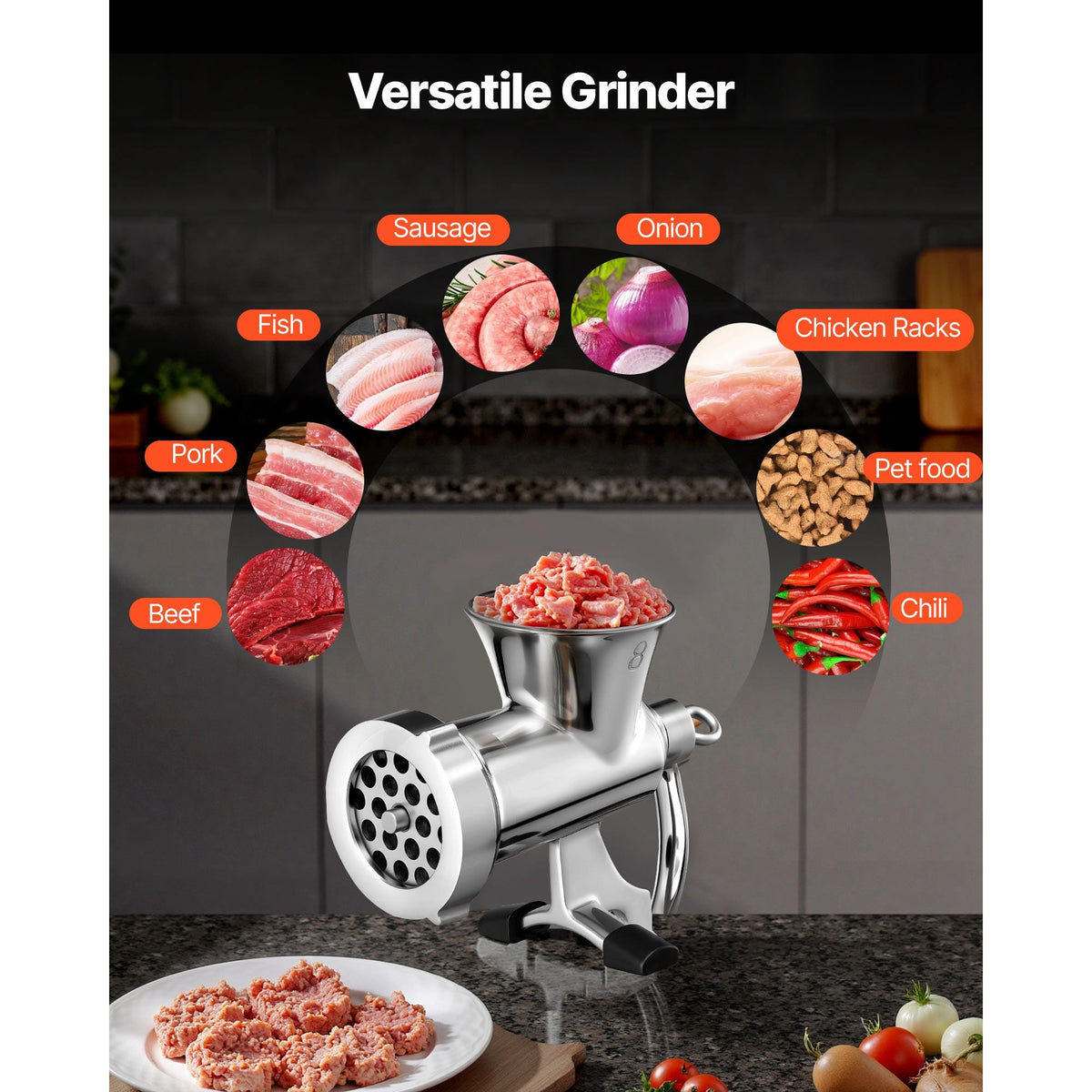Manual Meat Grinder, 304 Stainless Steel Hand Crank Meat Mincer with Steel Table Clamp, Sausage Stuffer with 2 Cutting Plates & Sausage Tube, Food Grinder for Beef Chili Pork Kitchen Tabletop