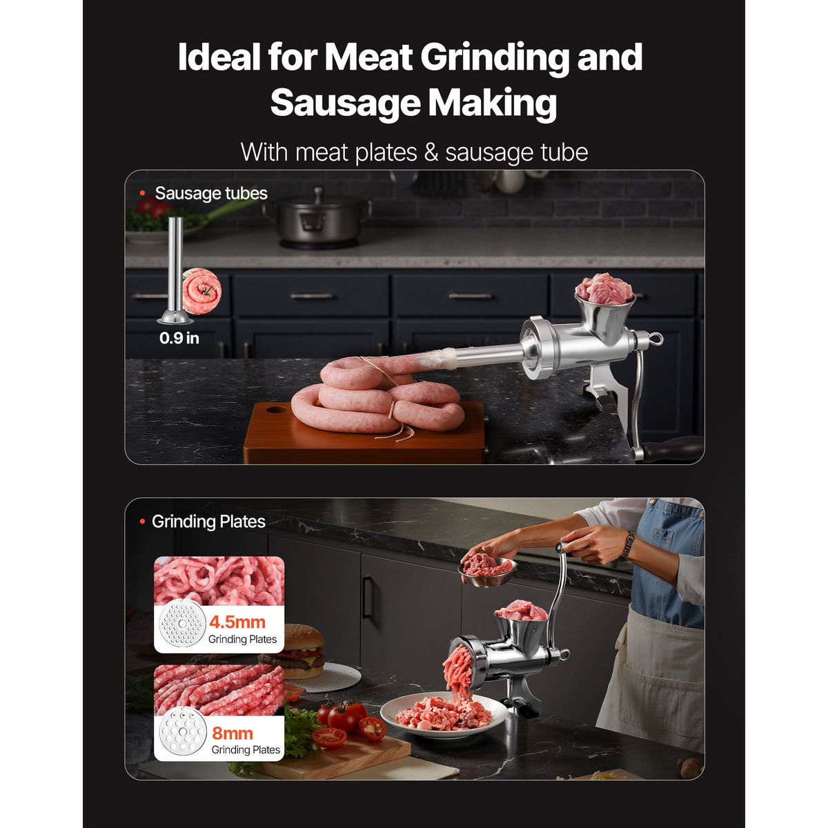 Manual Meat Grinder, 304 Stainless Steel Hand Crank Meat Mincer with Steel Table Clamp, Sausage Stuffer with 2 Cutting Plates & Sausage Tube, Food Grinder for Beef Chili Pork Kitchen Tabletop