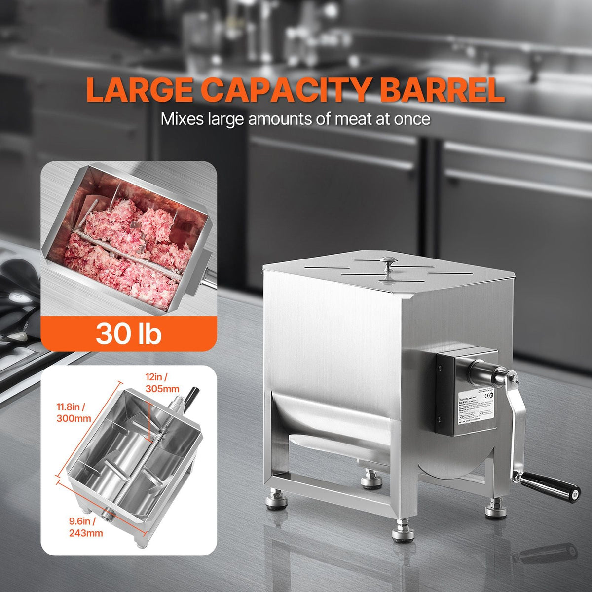 Manual Meat Mixer, 20L Fixed Tank Meat Processing Equipment(Mixing Max 30LBS for Meat), Stainless Steel Meat Mixer, Sausage Mixer Machine with Lid Handle Gear Reducer, Ground Beef Hand Mixer