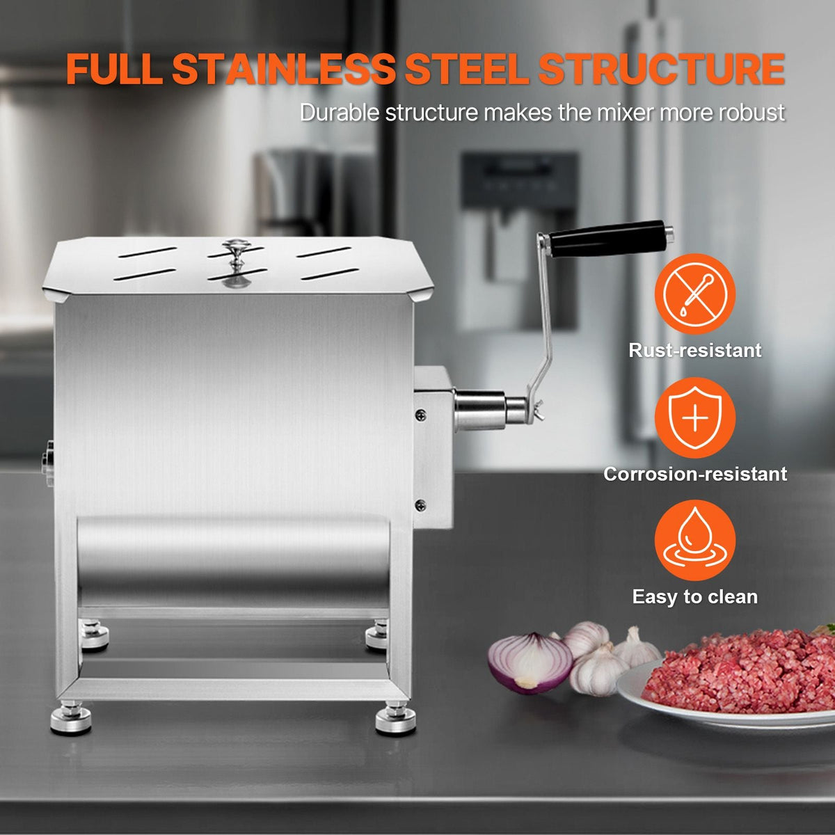 Manual Meat Mixer, 20L Fixed Tank Meat Processing Equipment(Mixing Max 30LBS for Meat), Stainless Steel Meat Mixer, Sausage Mixer Machine with Lid Handle Gear Reducer, Ground Beef Hand Mixer