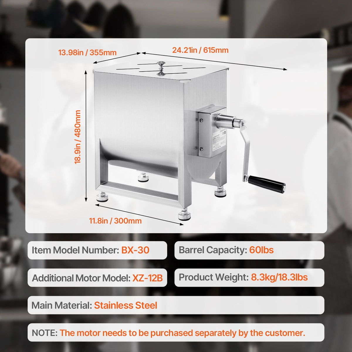 Manual Meat Mixer, 30L Fixed Tank Meat Processing Equipment(Mixing Max 60LBS for Meat), Stainless Steel Meat Mixer, Sausage Mixer Machine with Lid Handle Gear Reducer, Ground Beef Hand Mixer