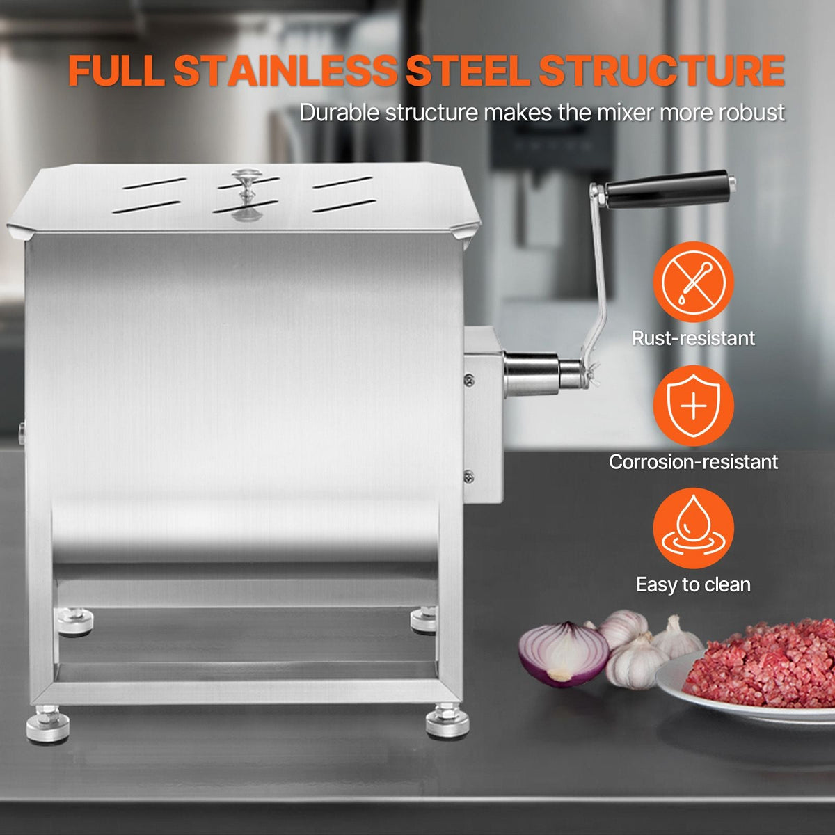 Manual Meat Mixer, 30L Fixed Tank Meat Processing Equipment(Mixing Max 60LBS for Meat), Stainless Steel Meat Mixer, Sausage Mixer Machine with Lid Handle Gear Reducer, Ground Beef Hand Mixer