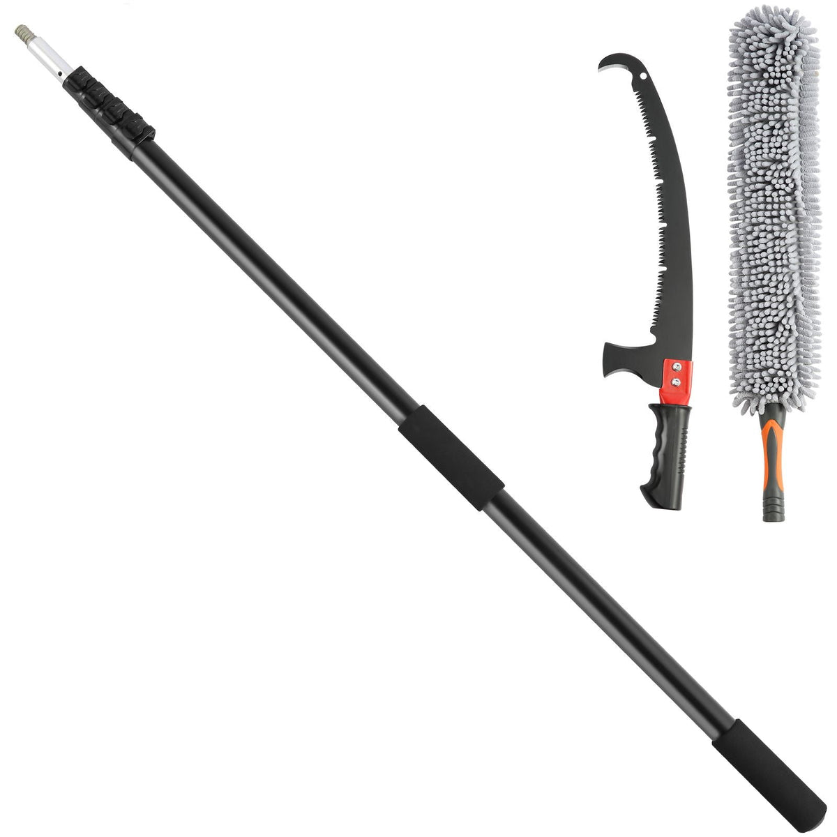 Manual Pole Saw, 4.9-20 ft Extendable Tree Pruner, Sharp Steel Blade for High Branches Trimming, with Lightweight Aluminum Alloy Handle and a Chenille Brush, for Pruning Palms and Shrubs
