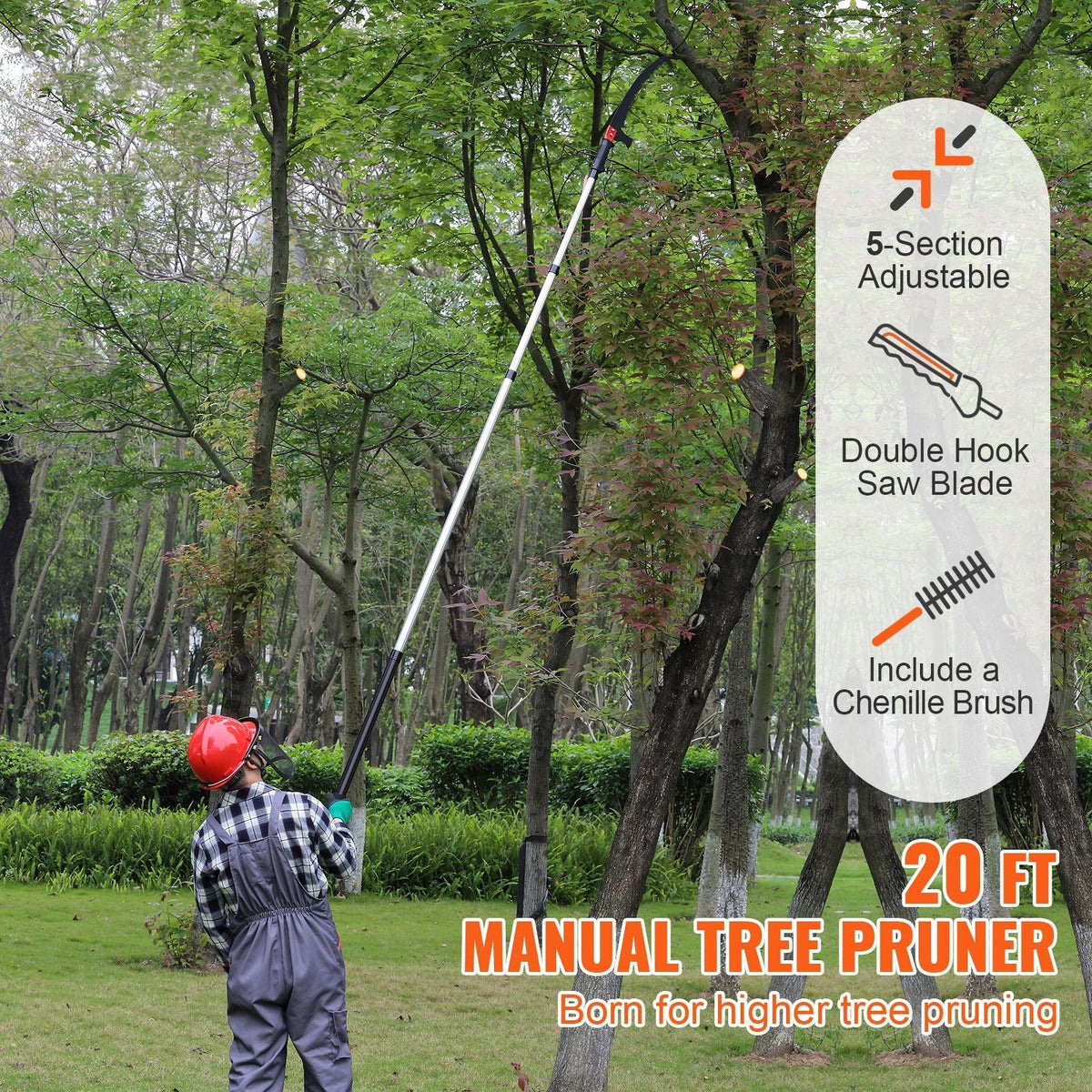 Manual Pole Saw, 4.9-20 ft Extendable Tree Pruner, Sharp Steel Blade for High Branches Trimming, with Lightweight Aluminum Alloy Handle and a Chenille Brush, for Pruning Palms and Shrubs