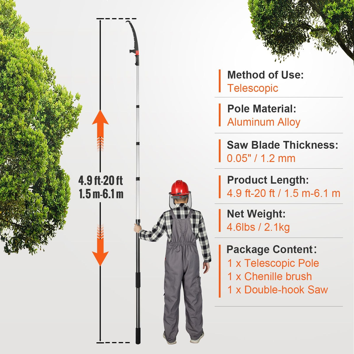 Manual Pole Saw, 4.9-20 ft Extendable Tree Pruner, Sharp Steel Blade for High Branches Trimming, with Lightweight Aluminum Alloy Handle and a Chenille Brush, for Pruning Palms and Shrubs