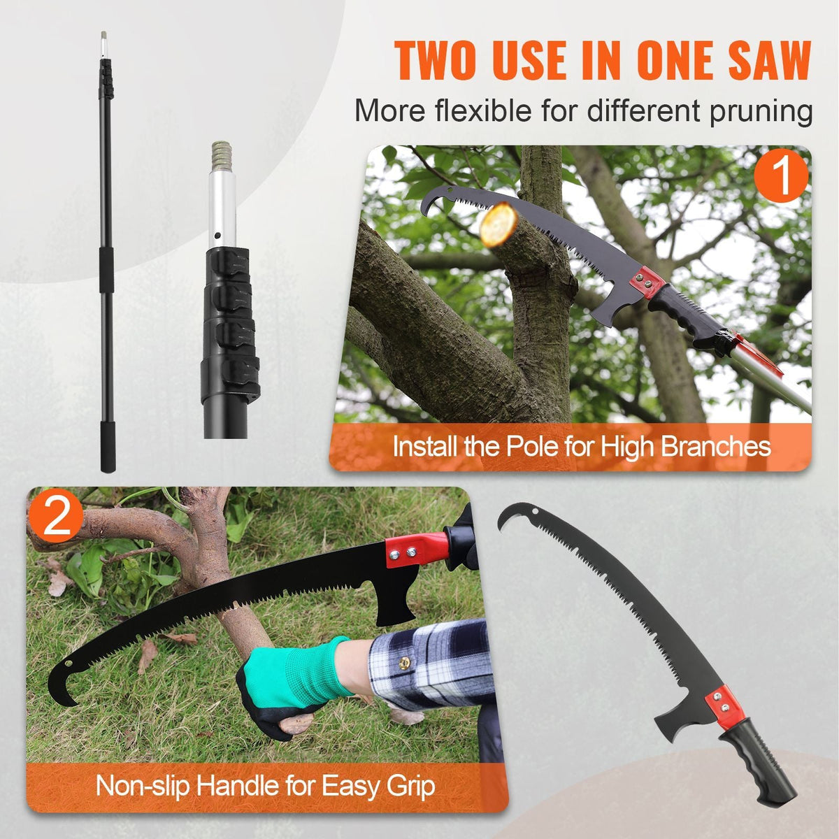 Manual Pole Saw, 4.9-20 ft Extendable Tree Pruner, Sharp Steel Blade for High Branches Trimming, with Lightweight Aluminum Alloy Handle and a Chenille Brush, for Pruning Palms and Shrubs