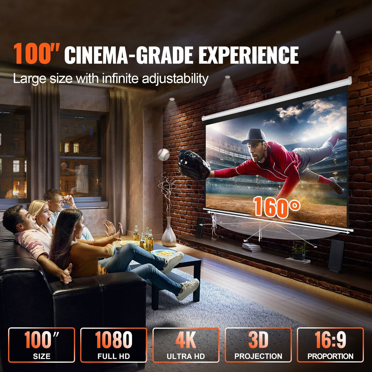 Manual Projector Screen, 100 inch 16:9 4K 1080 HD Retractable Pull Down Projector Screen, Auto-Locking Portable Movie Screen for Family Home Office Theater