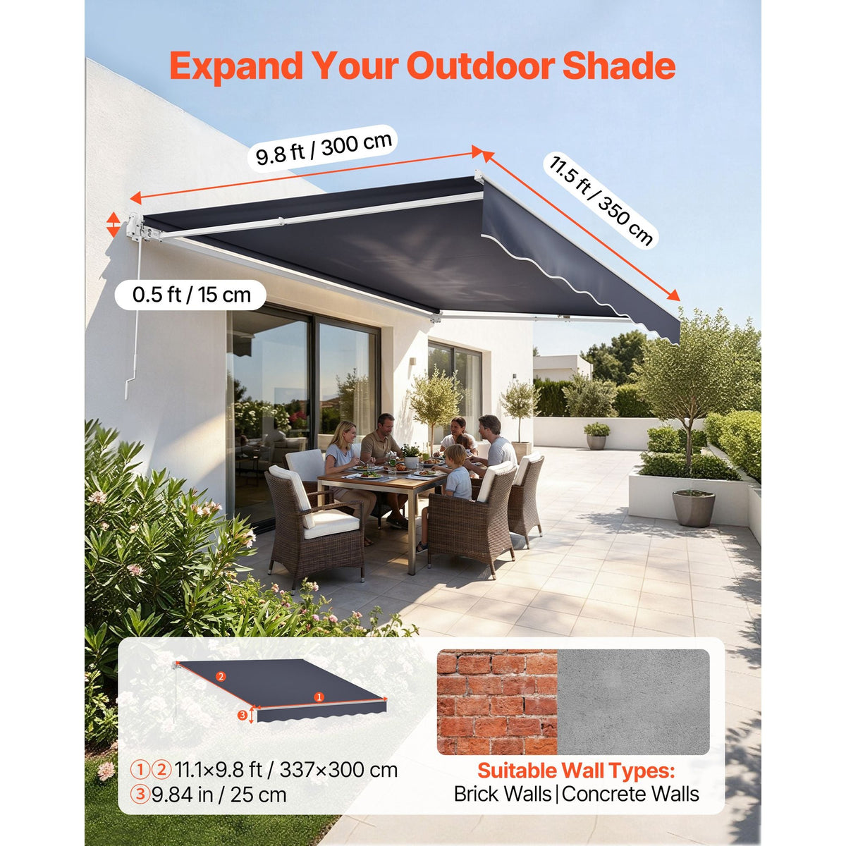 Manual Retractable Awning, 11.5' x 9.8' Outdoor Patio Awning Retractable Sun Shade, Patio Door Window Water-Resistant Polyester Sunshade Shelter with Crank Handle for Deck, Balcony, Yard, Gray