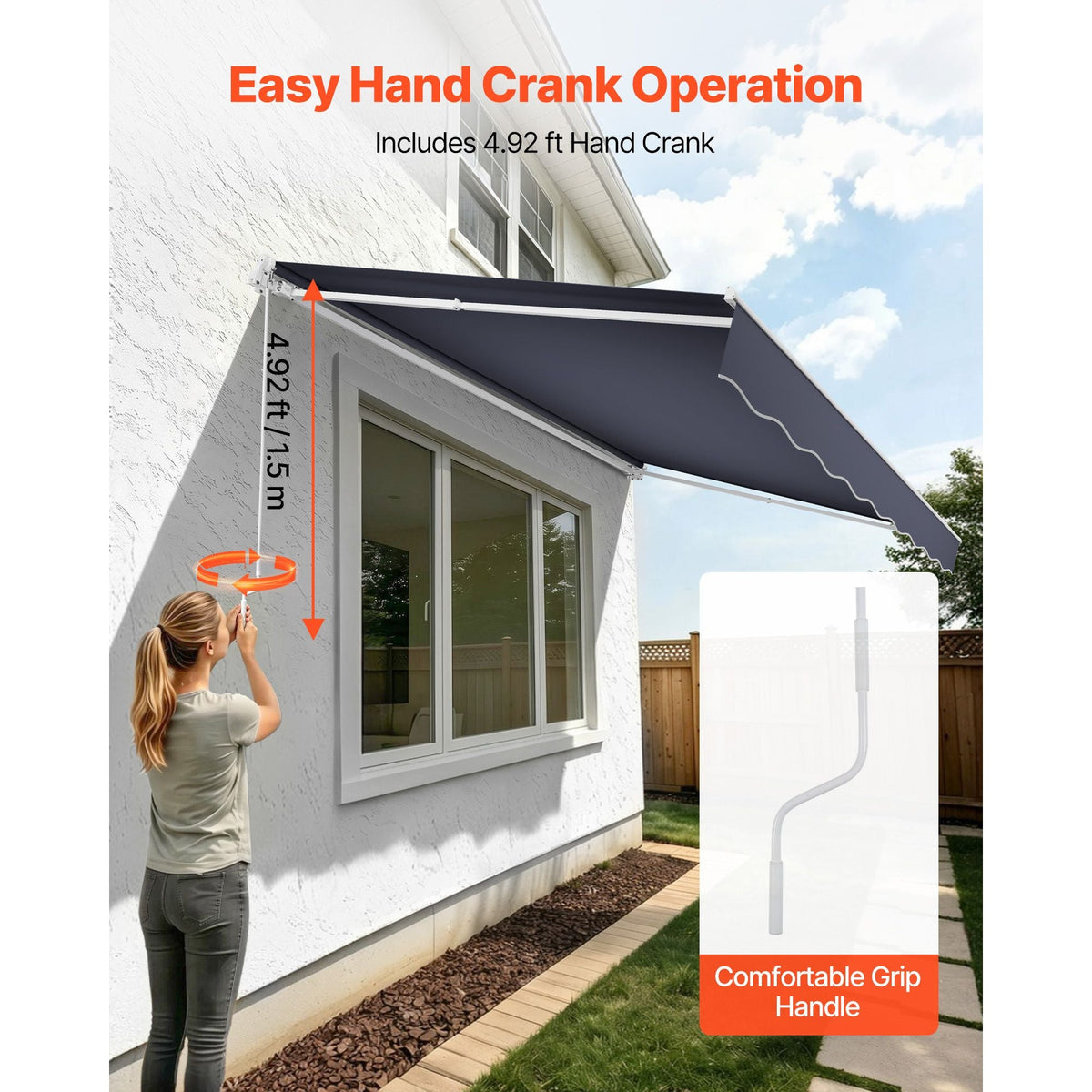 Manual Retractable Awning, 11.5' x 9.8' Outdoor Patio Awning Retractable Sun Shade, Patio Door Window Water-Resistant Polyester Sunshade Shelter with Crank Handle for Deck, Balcony, Yard, Gray