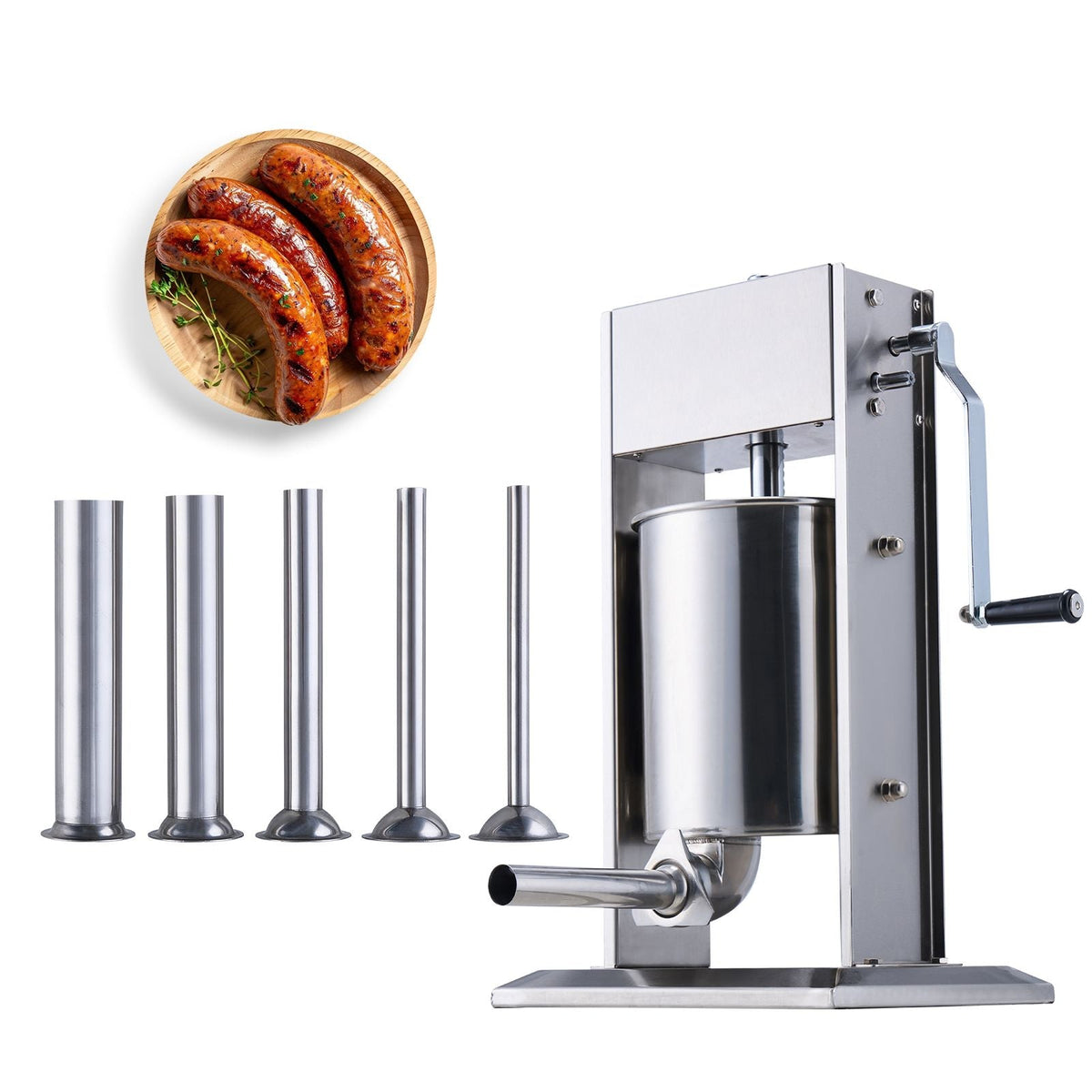 Manual Sausage Stuffer, 10 L / 22 LBS Vertical Sausage Machine, Dual-Speed Meat Stuffer, Made of Food-Grade 304 Stainless Steel, Includes 5 Stuffing Tubes, for Home Kitchen Restaurant Commercial