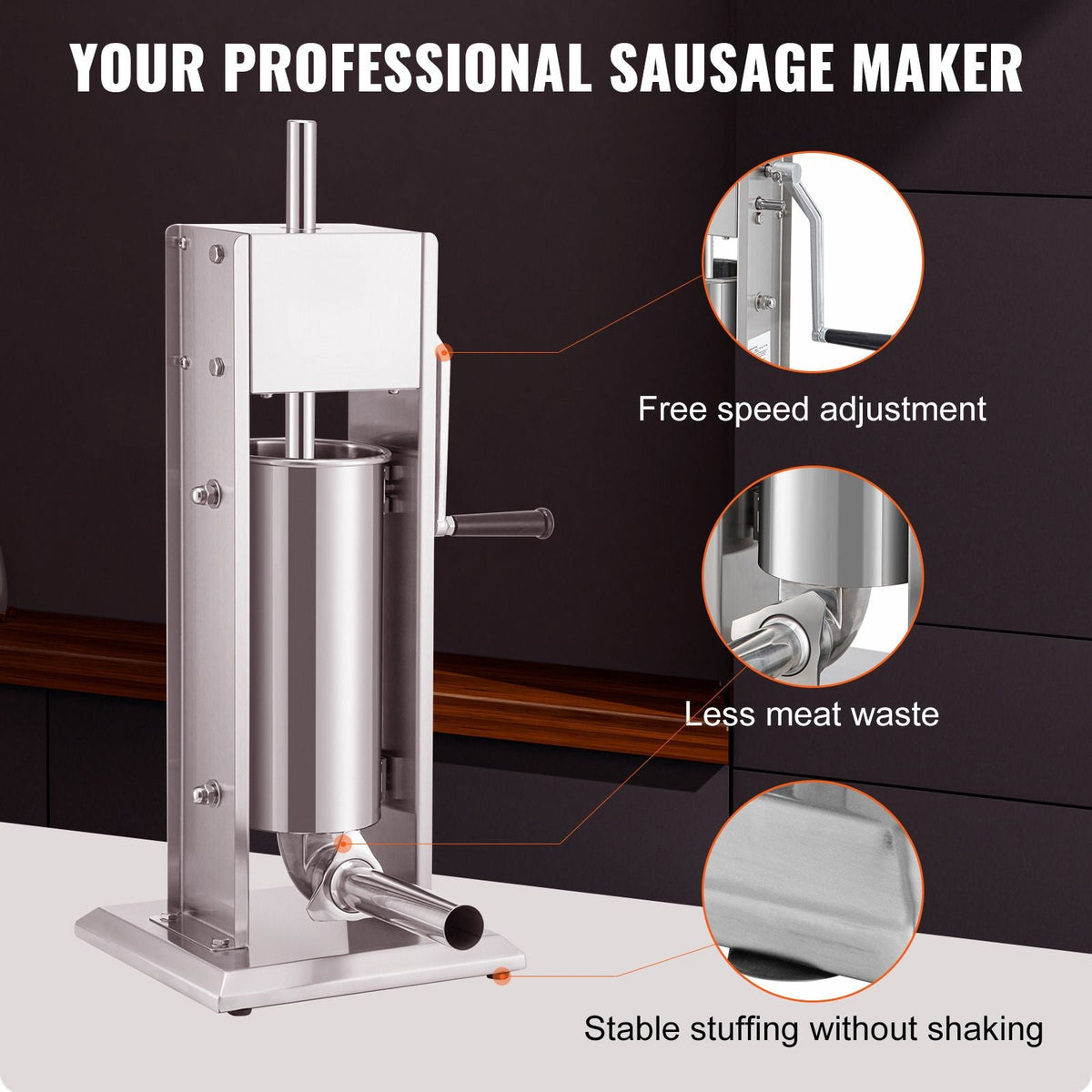 Manual Sausage Stuffer, 8LBS/5L Capacity, Two Speed 304 Stainless Steel Vertical Sausage Stuffer, Sausage Filling Machine with 4 Stuffing Tubes, Suction Base for Household or Commercial Use