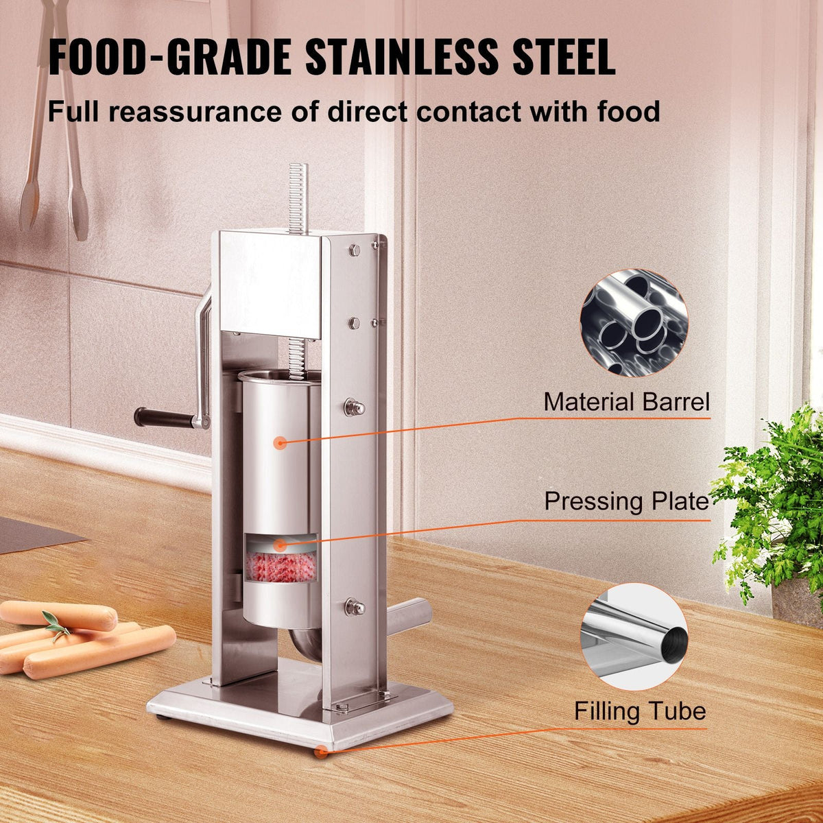 Manual Sausage Stuffer, 8LBS/5L Capacity, Two Speed 304 Stainless Steel Vertical Sausage Stuffer, Sausage Filling Machine with 4 Stuffing Tubes, Suction Base for Household or Commercial Use