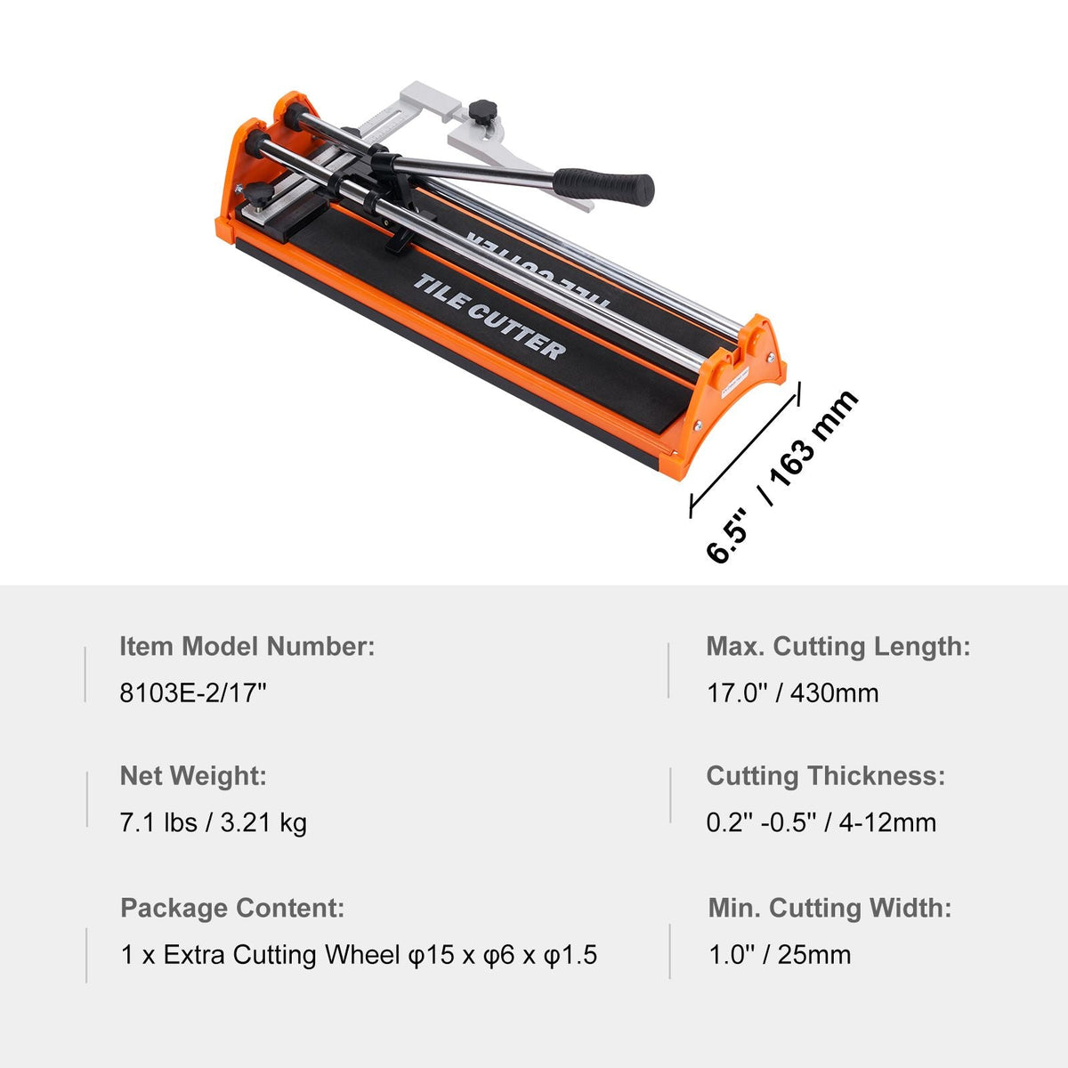 Manual Tile Cutter, 17 inch, Porcelain Ceramic Tile Cutter with Tungsten Carbide Cutting Wheel, Infrared Positioning, Anti-Skid Feet, Double Rails for professional installers or beginners