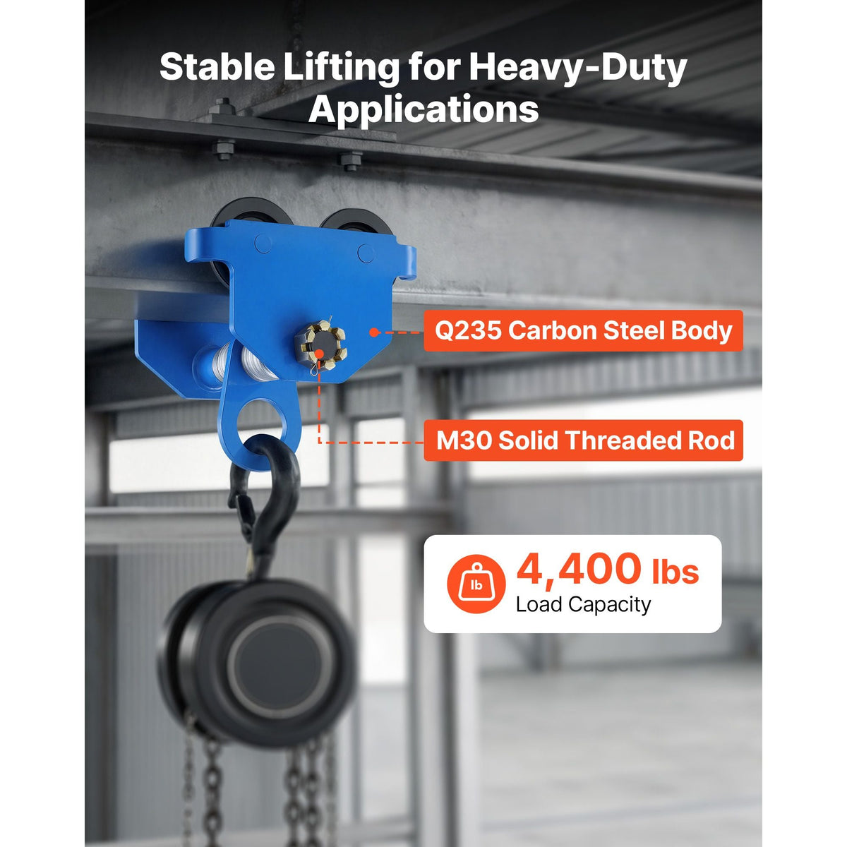 Manual Trolley, 4400 lbs/2 Ton Load Capacity, Push Beam Trolley with Dual Wheels, Adjustable for I-Beam Flange Width 2.4" to 7", Heavy Duty Carbon Steel Garage Hoist for Straight & Curved I Beam